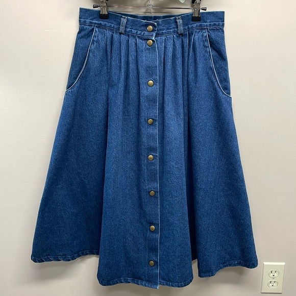 Vintage 100% Cotton Denim Snap Front A-Line Midi Jean Skirt 14 - Picture 1 of 14
